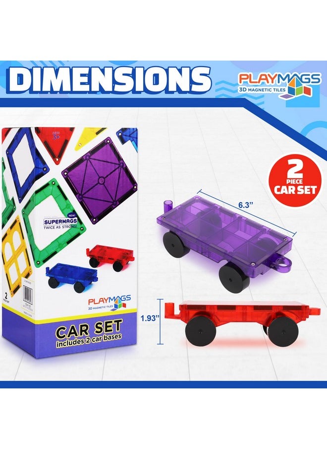 Playmags 2 Piece Car Set: with Stronger Magnets, STEM Toys for Kids, Use with All Magnetic Tiles and Blocks Sturdy, Super Durable with Vivid Clear Color Tiles. (Colors May Vary)