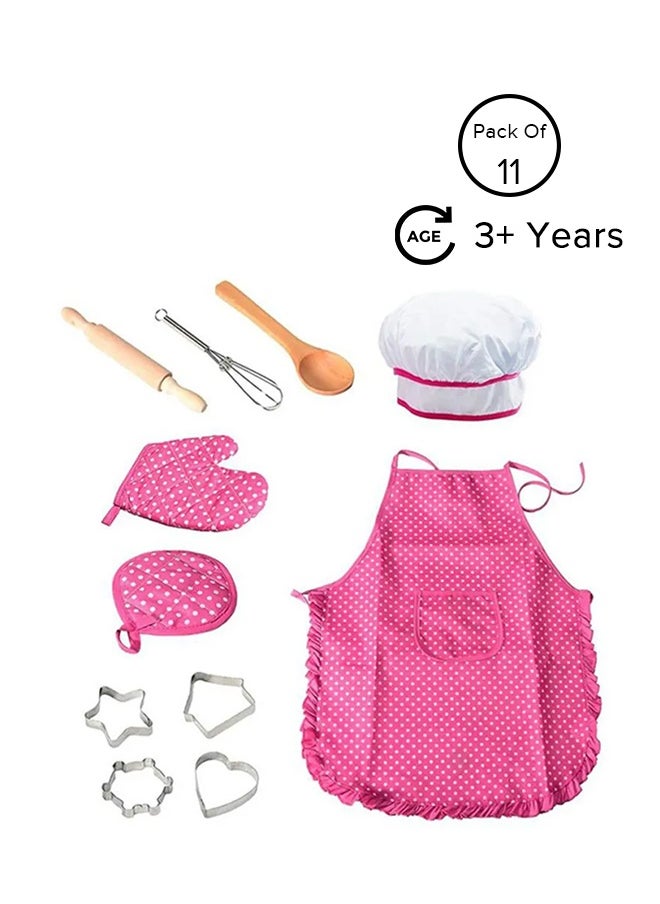 11-Piece Polka Dot Kids Kitchen Cooking Play With Apron And Chef Hat Set 40x38x2cm