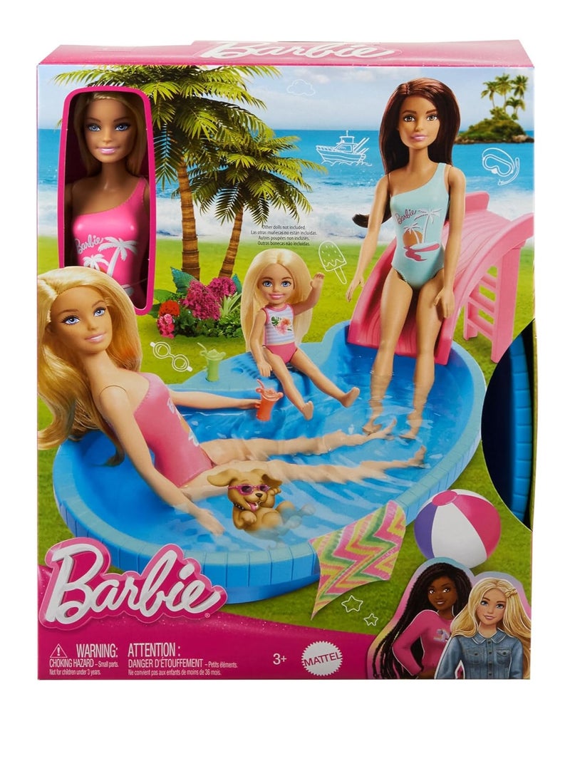 Doll and Pool Playset, Blonde with Pool, Slide, Towel and Drink Accessories