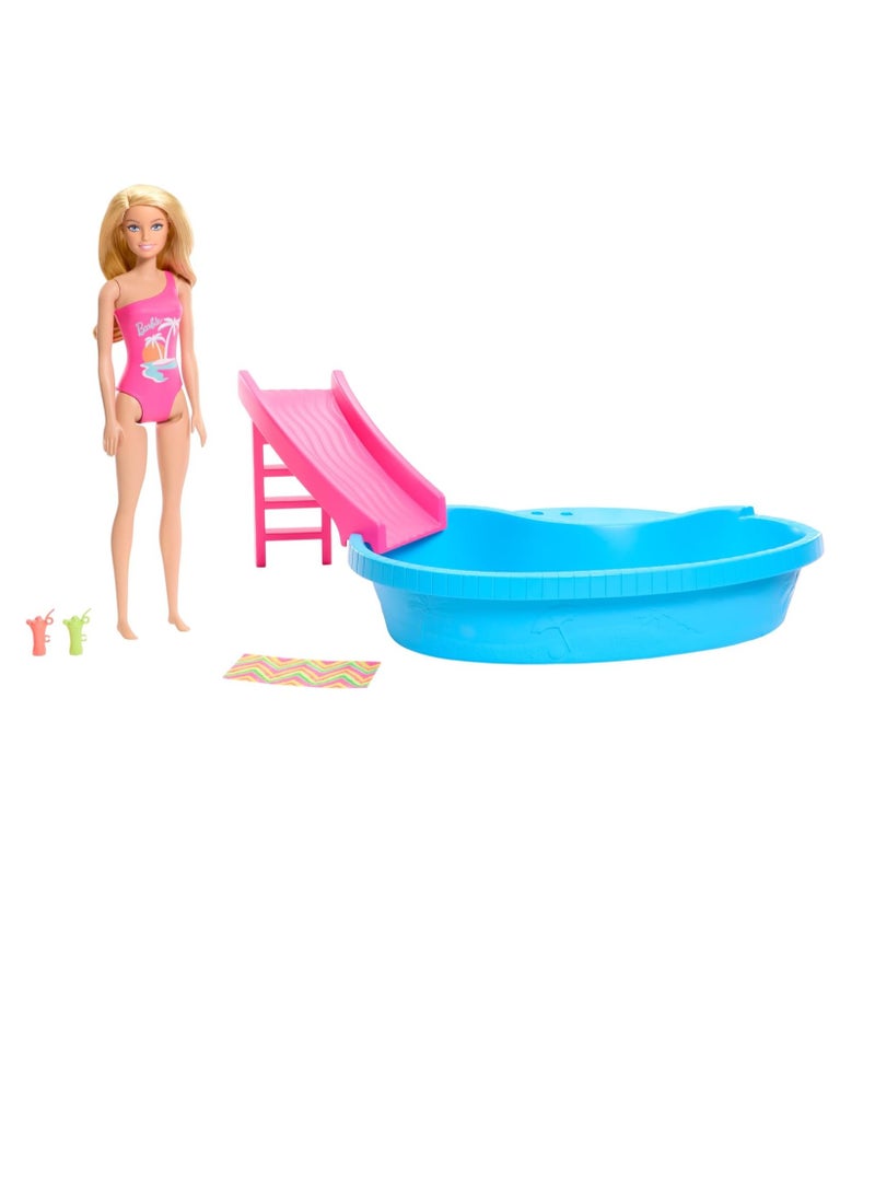 Doll and Pool Playset, Blonde with Pool, Slide, Towel and Drink Accessories