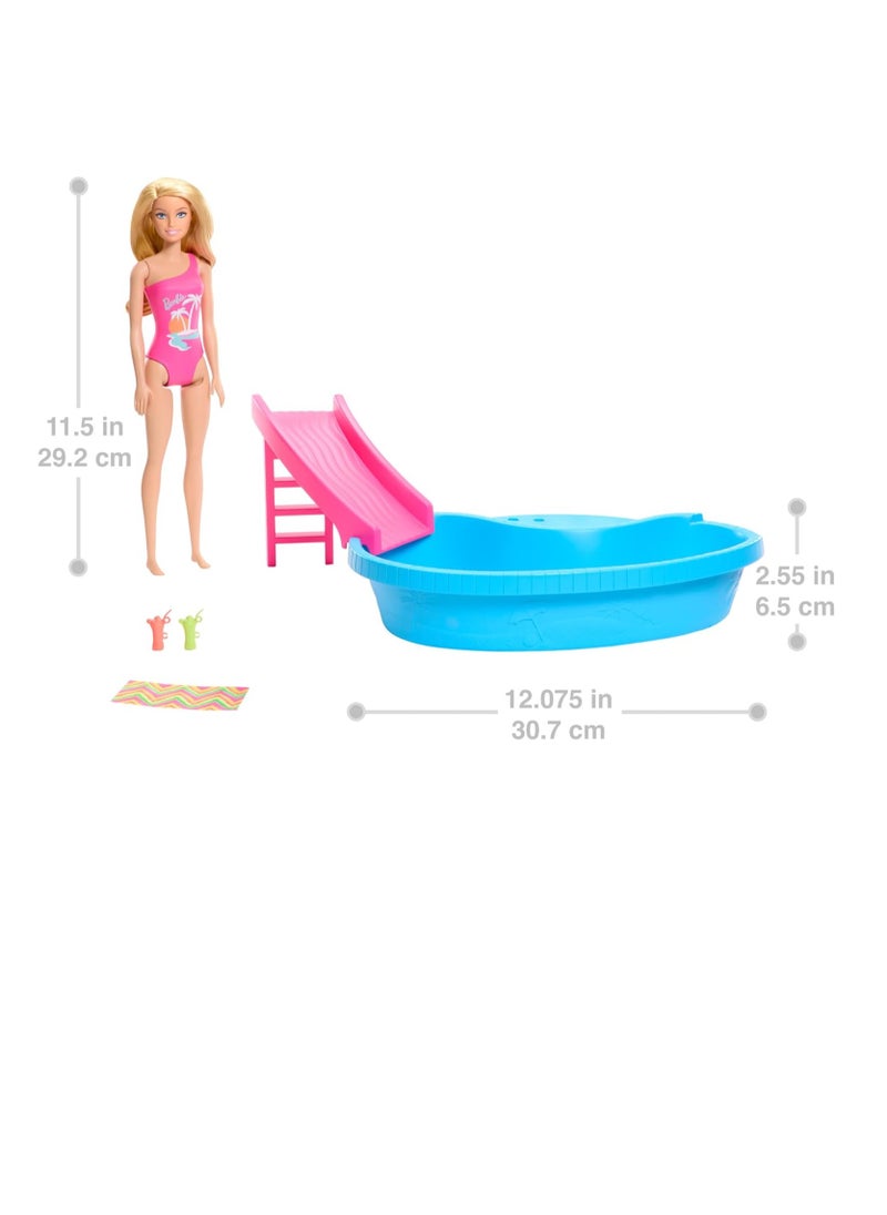 Doll and Pool Playset, Blonde with Pool, Slide, Towel and Drink Accessories