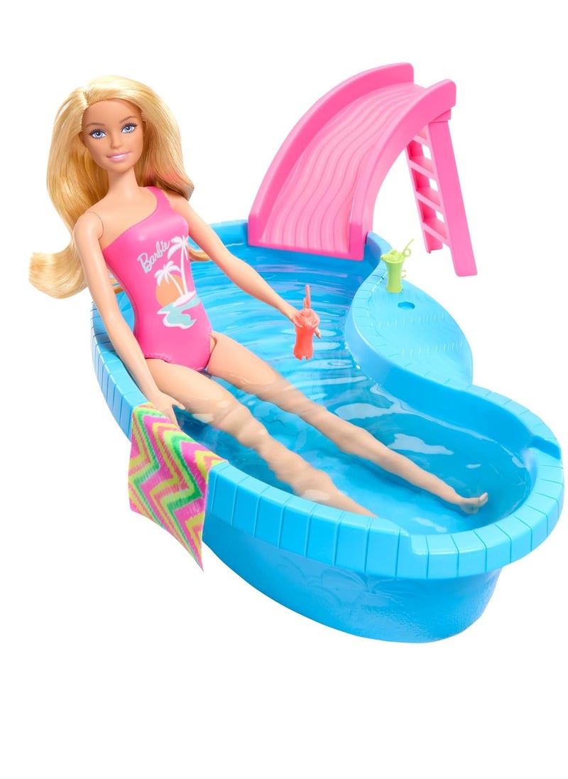 Doll and Pool Playset, Blonde with Pool, Slide, Towel and Drink Accessories