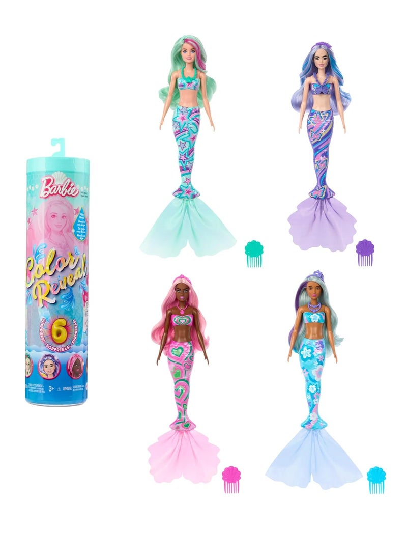 Color Reveal Doll & Accessories with 6 Unboxing Surprises, Mermaid Series with Color-Change Hair