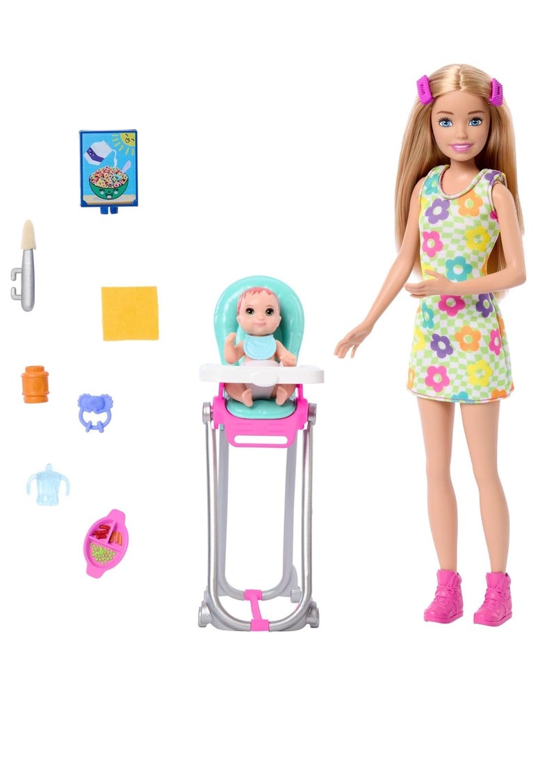 Baby Doll Skipper Babysitters Inc & Playset, Includes Doll, Baby, and Mealtime Accessories, 10 Piece Set