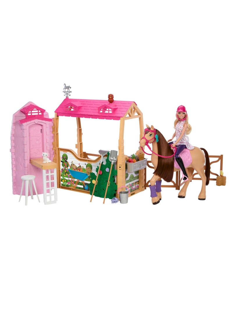 Toy Stable Playset with Doll, Horse & Accessories, 25+ Pieces with 6 Areas of Play, Inspired by Barbie Mysteries: The Great Horse Chase