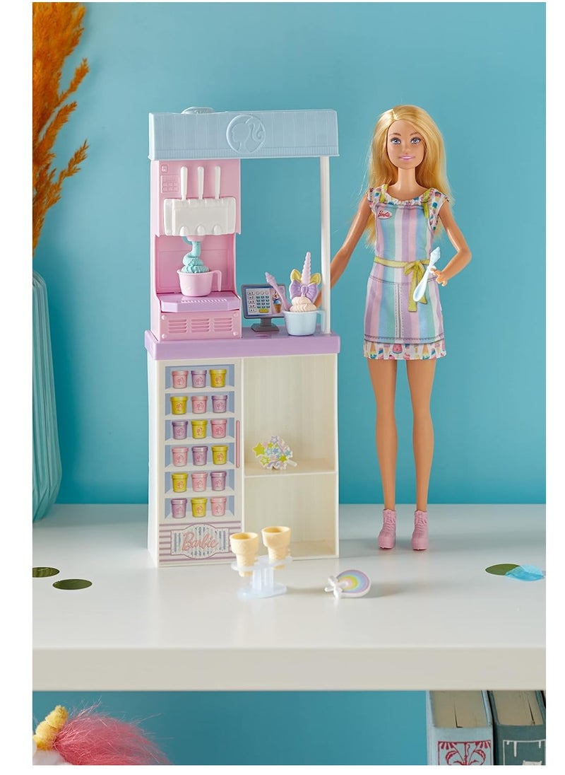 Ice Cream Shop Playset with 12 in Blonde Doll, Ice Cream Shop, Ice Cream Making Feature & Realistic Play Pieces