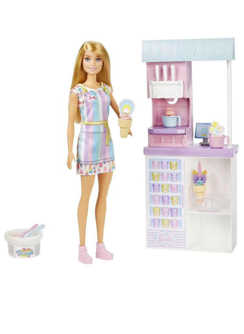 Ice Cream Shop Playset with 12 in Blonde Doll, Ice Cream Shop, Ice Cream Making Feature & Realistic Play Pieces