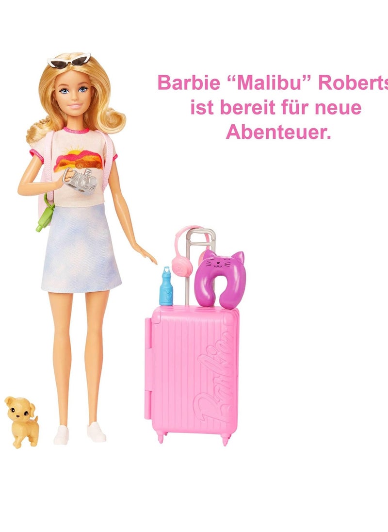 Doll and Accessories, 'Malibu' Travel Set with Puppy and 10+ Pieces Including Working Suitcase