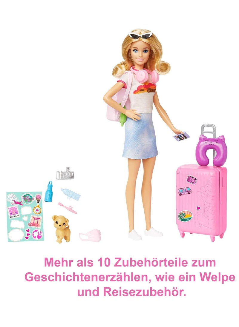 Doll and Accessories, 'Malibu' Travel Set with Puppy and 10+ Pieces Including Working Suitcase