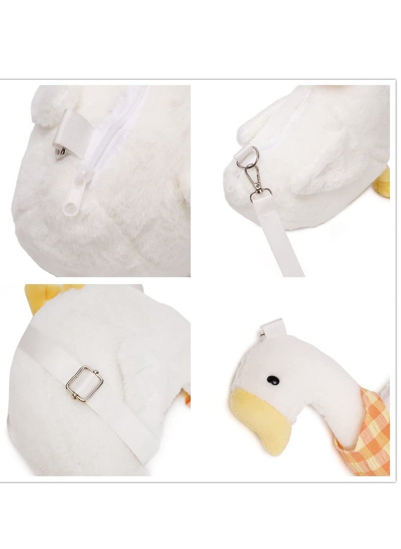 Plush Duck Crossbody Bag, Kawaii Animals Coin Purse, Soft Plush Shoulder Bag, Cartoon Crossbody Bag for Girls Women (White)