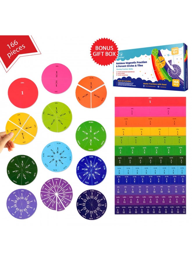 166 PCS Magnetic Fraction Tiles & Fraction Circles with Percentages - Math Manipulatives for Elementary School, Fraction & Percent Strips & Bars, Fraction Manipulatives Class Set, Homeschool Supplies