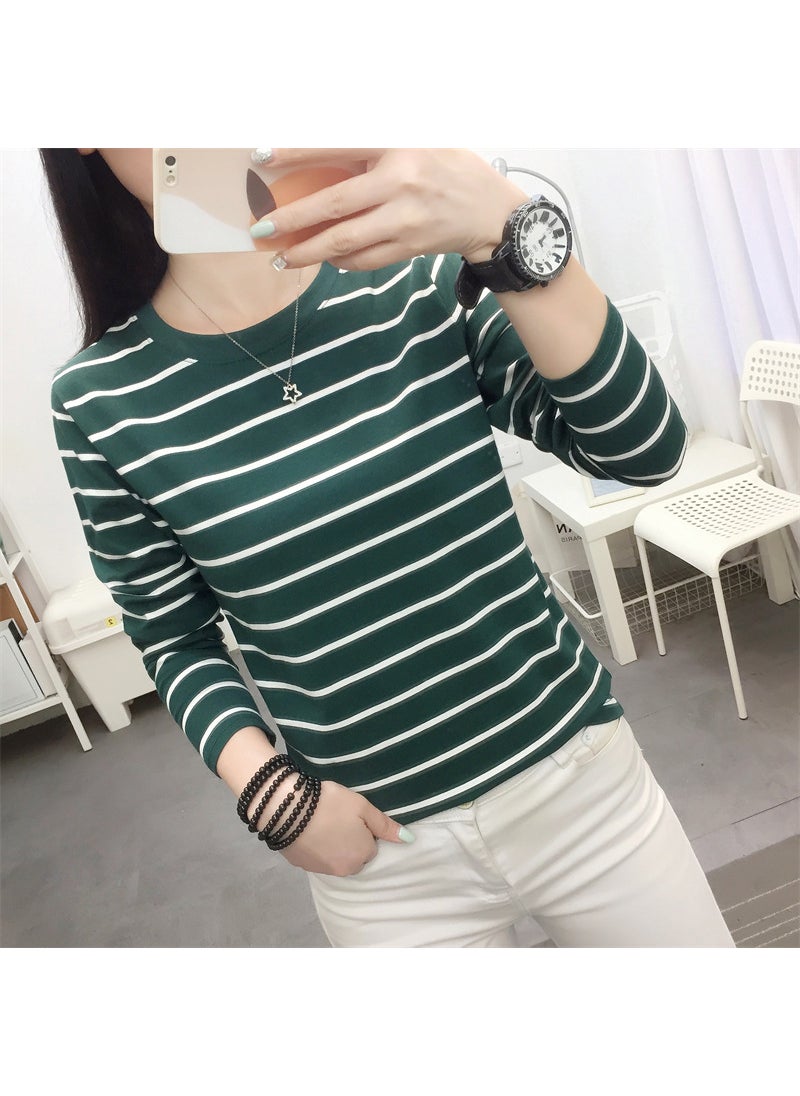 Loose Stripe Cotton Tee Women Plus Size Green