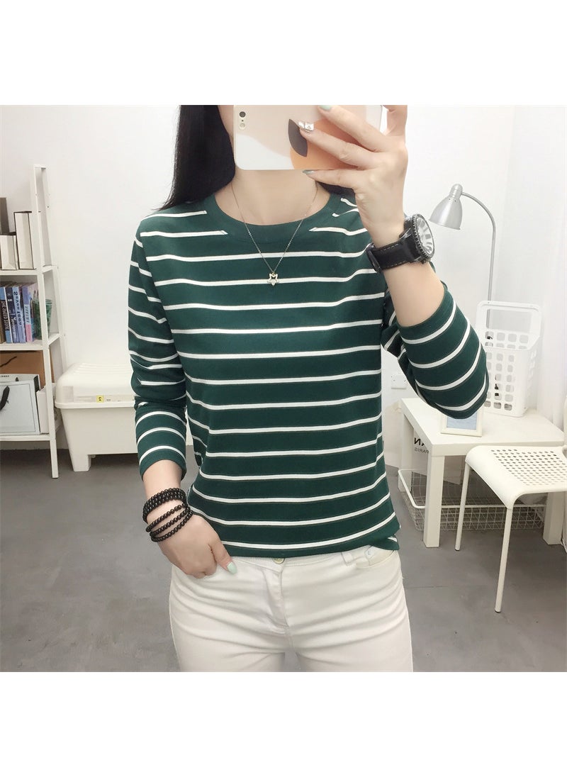 Loose Stripe Cotton Tee Women Plus Size Green