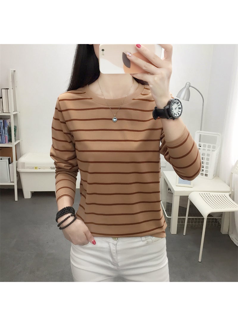 Loose Stripe Cotton Tee Women Plus Size Brown