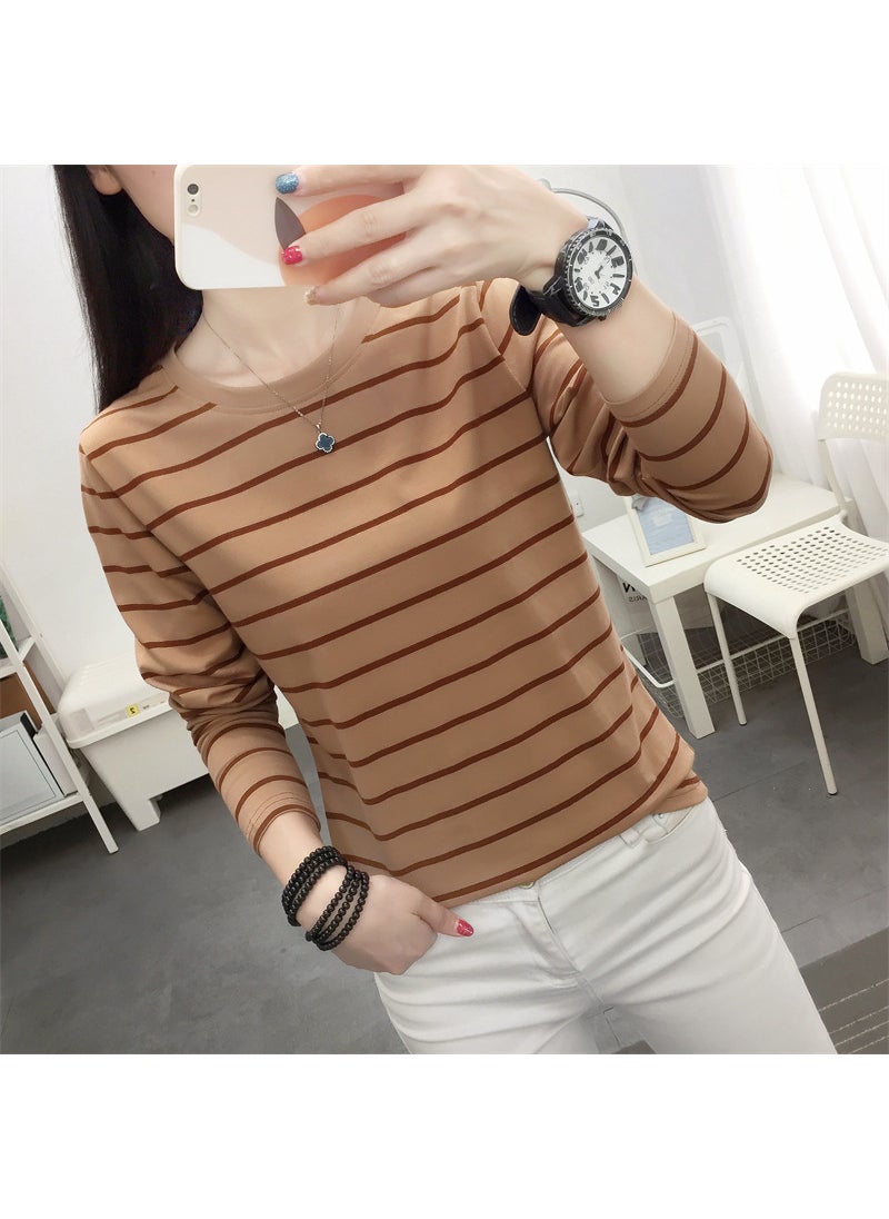 Loose Stripe Cotton Tee Women Plus Size Brown