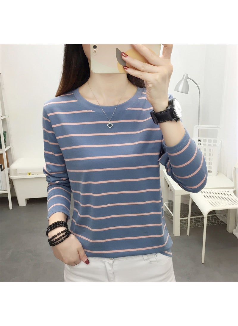 Loose Stripe Cotton Tee Women Plus Size Blue