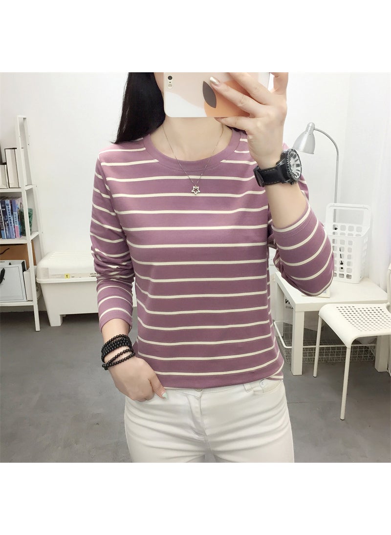 Loose Stripe Cotton Tee Women Plus Size Purple