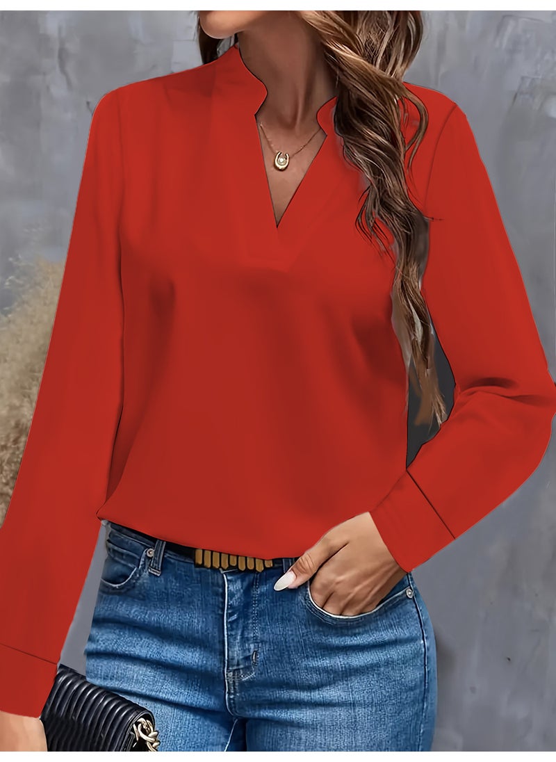 2024 Casual Solid V-Neck Loose Shirt for Women Red