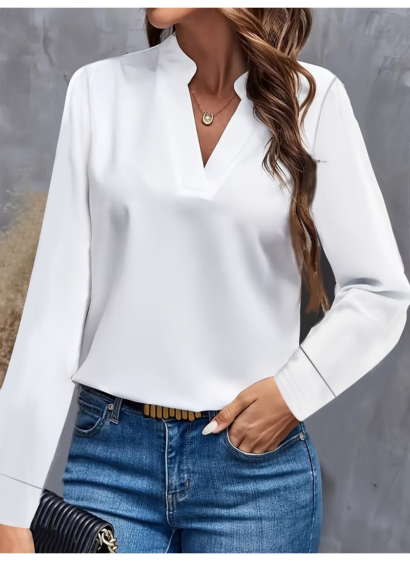 2024 Casual Solid V-Neck Loose Shirt for Women Sky blue