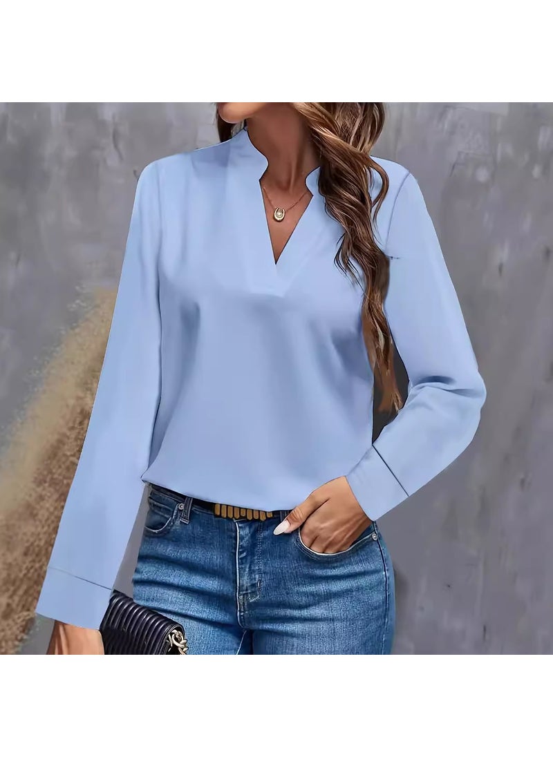 2024 Casual Solid V-Neck Loose Shirt for Women Sky blue