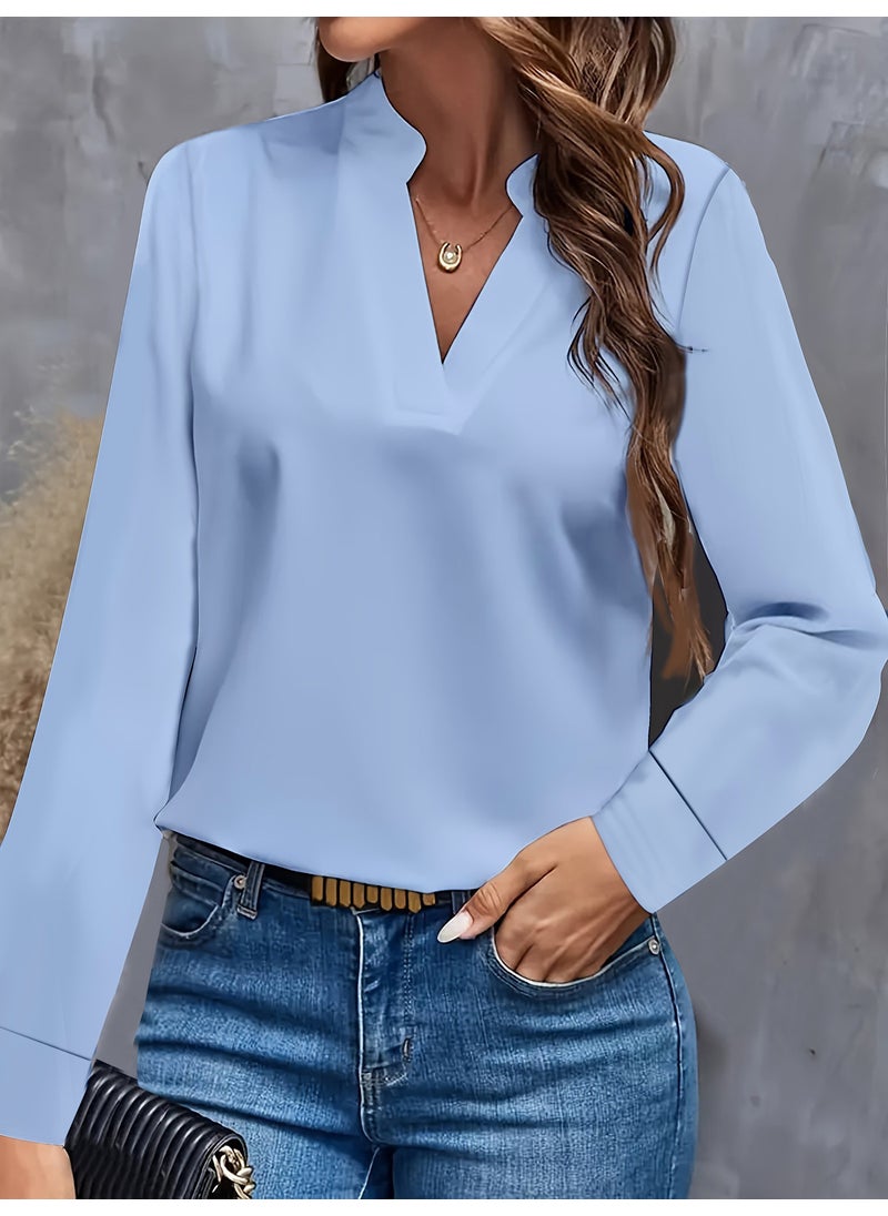 2024 Casual Solid V-Neck Loose Shirt for Women Sky blue