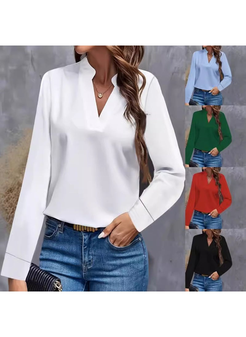 2024 Casual Solid V-Neck Loose Shirt for Women Sky blue