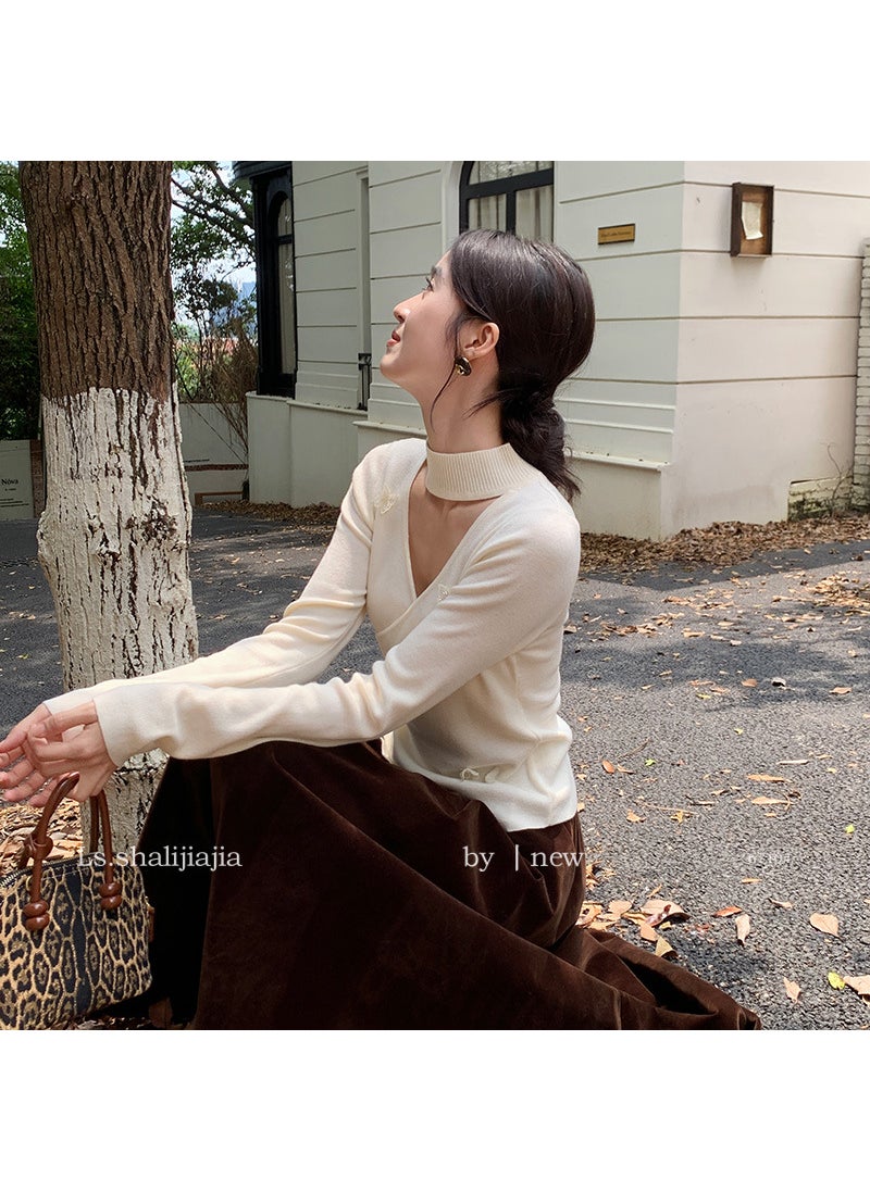 Elegant Butterfly V-Neck Knit Top Fall/Winter Black