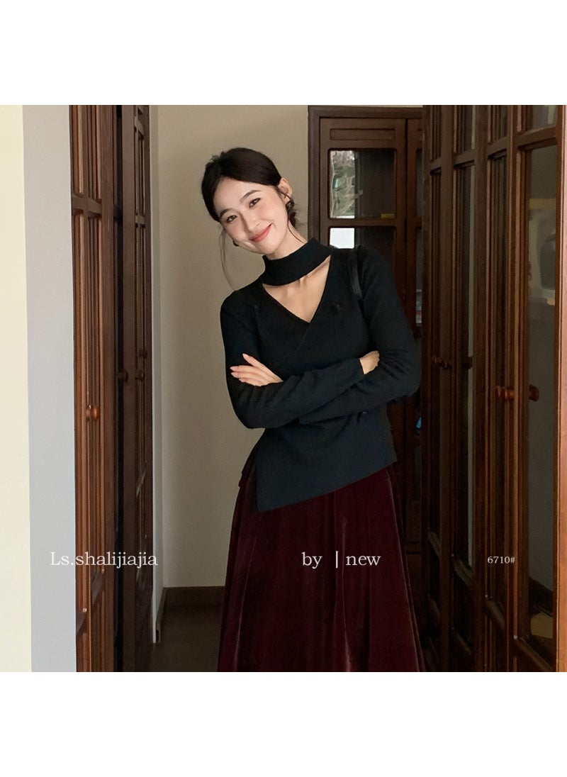 Elegant Butterfly V-Neck Knit Top Fall/Winter Black