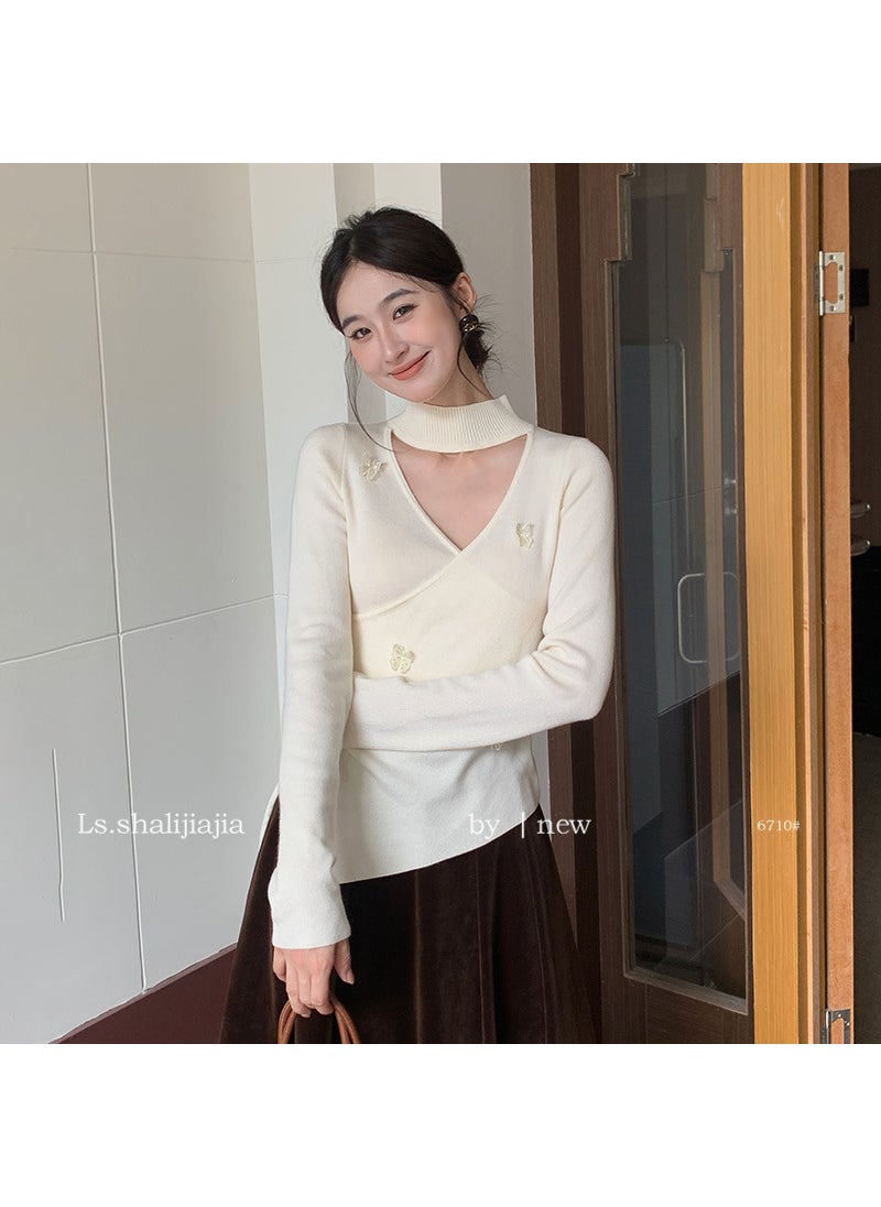 Elegant Butterfly V-Neck Knit Top Fall/Winter Black