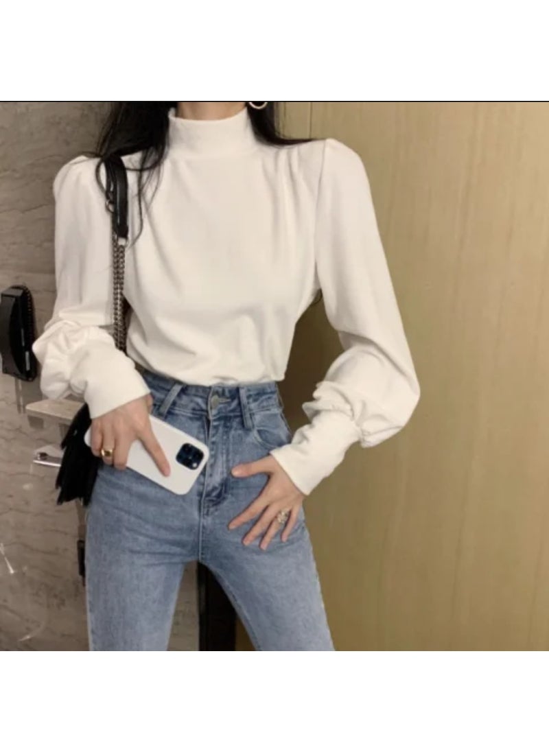 2024 Autumn Winter Chic French Turtleneck Slim Long Sleeve Womens Top leather powder