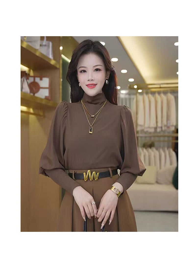 2024 Autumn Winter Chic French Turtleneck Slim Long Sleeve Womens Top leather powder