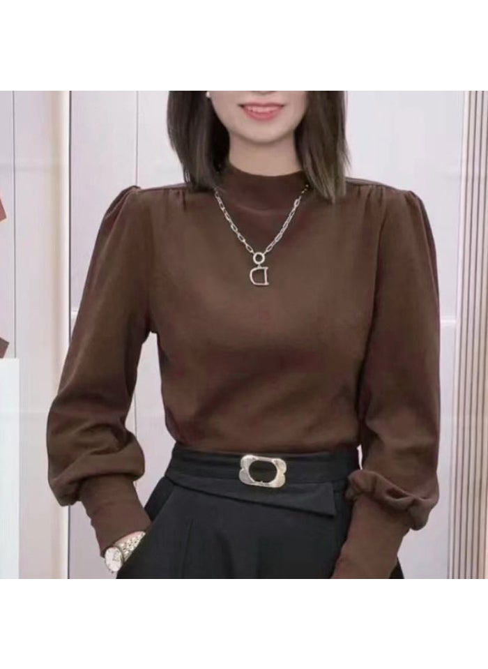 2024 Autumn Winter Chic French Turtleneck Slim Long Sleeve Womens Top leather powder