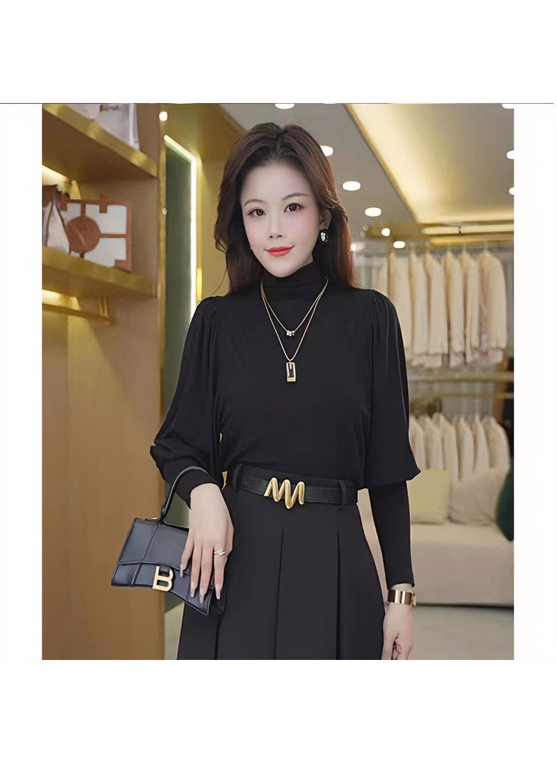 2024 Autumn Winter Chic French Turtleneck Slim Long Sleeve Womens Top Black