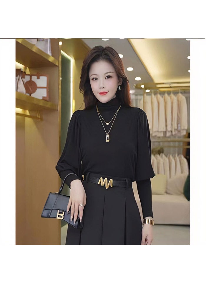 2024 Autumn Winter Chic French Turtleneck Slim Long Sleeve Womens Top Black