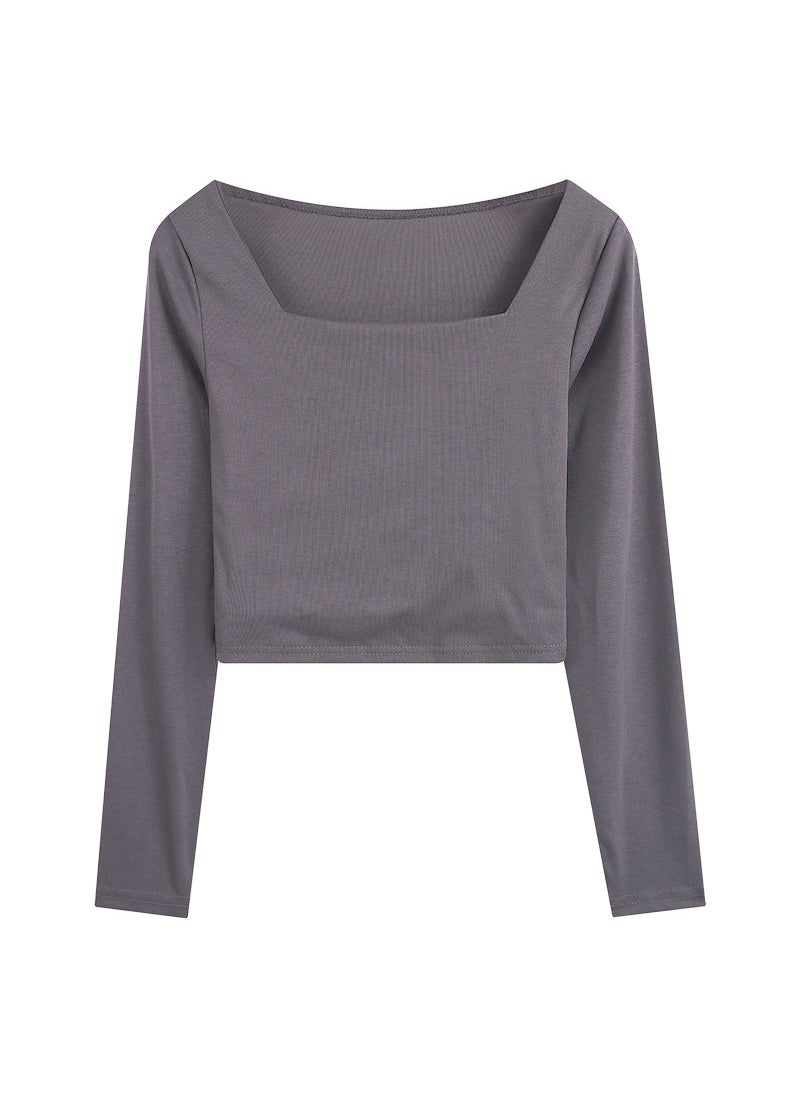 Fashion Square Neck Long Sleeve Tee Grey