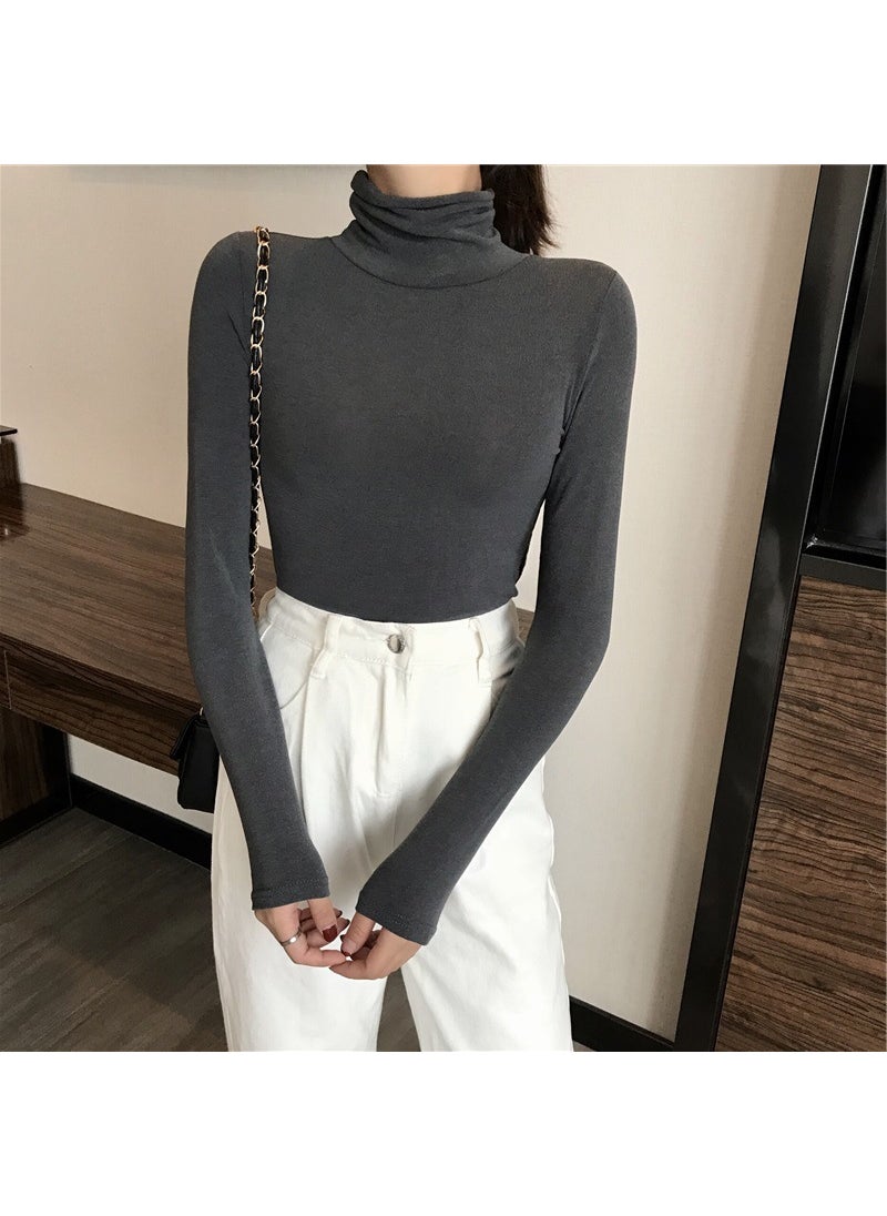 2024 Slim Fit Turtleneck Womens Long Sleeve Solid Spring Top Black