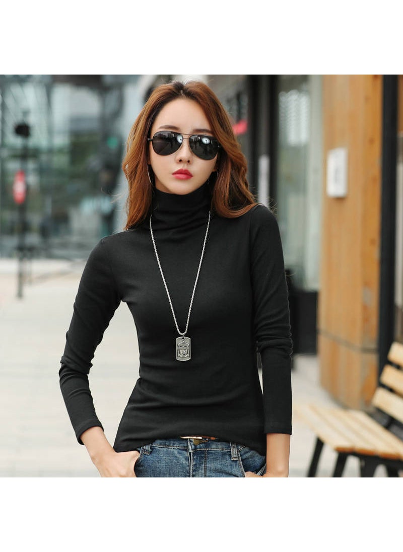 2024 Slim Fit Turtleneck Womens Long Sleeve Solid Spring Top Black