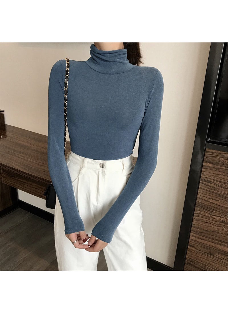 2024 Slim Fit Turtleneck Womens Long Sleeve Solid Spring Top Blue