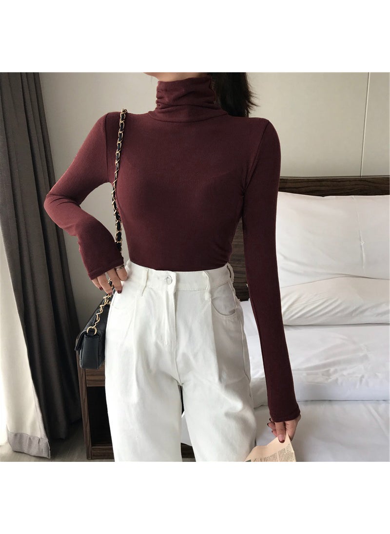 2024 Slim Fit Turtleneck Womens Long Sleeve Solid Spring Top Purplish red