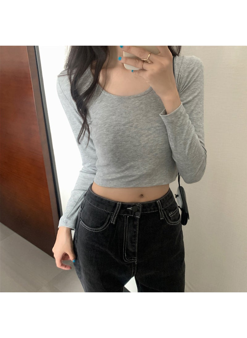 Autumn 2024 Korean Solid Long Sleeve T-Shirt Womens Slim Crop Top Trend Light gray