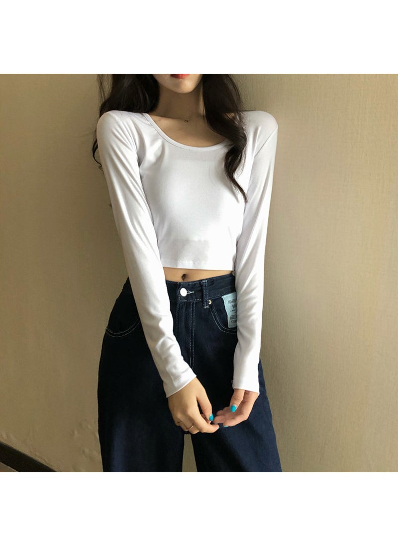 Autumn 2024 Korean Solid Long Sleeve T-Shirt Womens Slim Crop Top Trend White