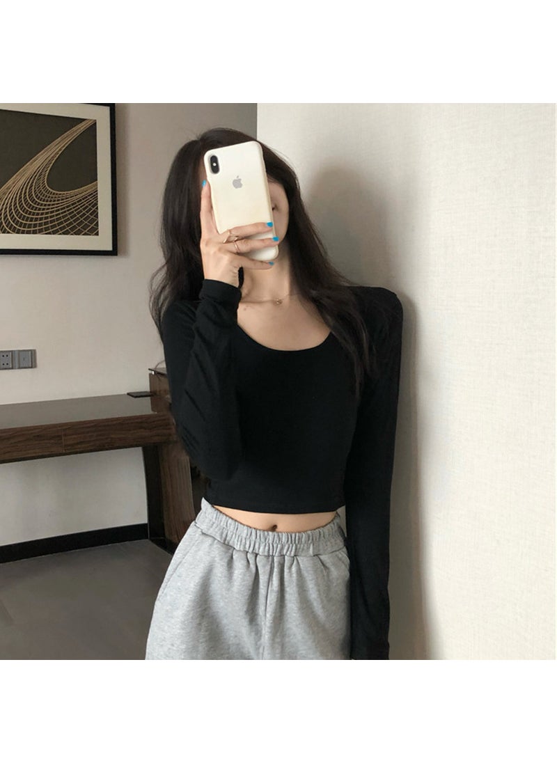 Autumn 2024 Korean Solid Long Sleeve T-Shirt Womens Slim Crop Top Trend Black