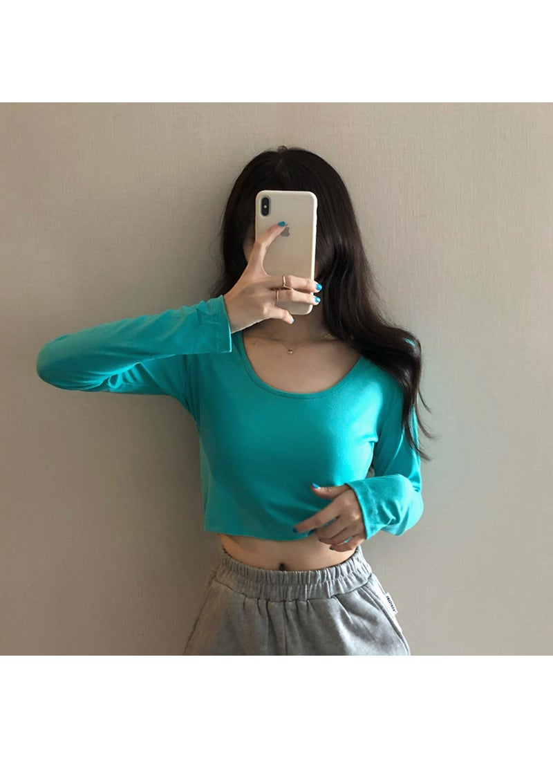 Autumn 2024 Korean Solid Long Sleeve T-Shirt Womens Slim Crop Top Trend Emerald green