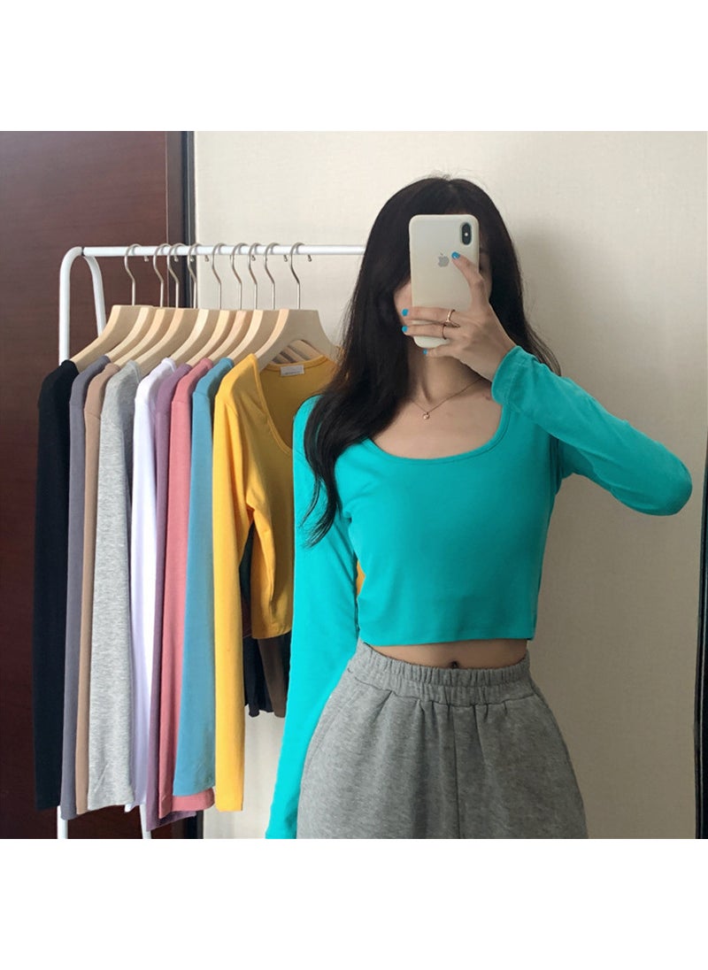 Autumn 2024 Korean Solid Long Sleeve T-Shirt Womens Slim Crop Top Trend Emerald green