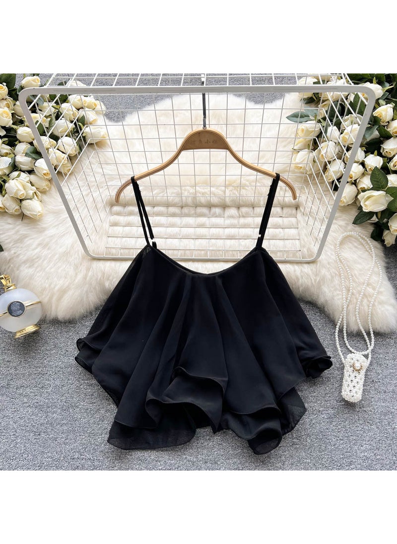 Summer 2022 Ruffle Off-Shoulder Chiffon Blouse Black