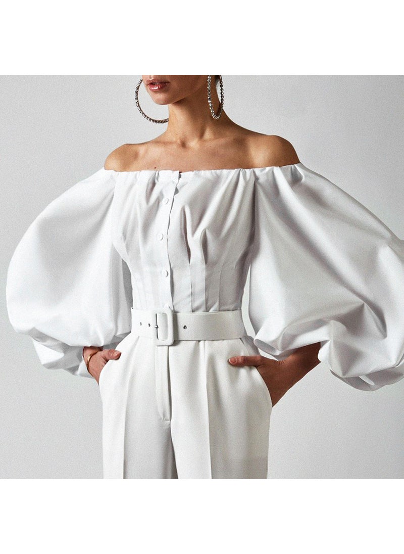 2022 Spring Summer Designer Off-Shoulder Lantern Sleeve Blouse White