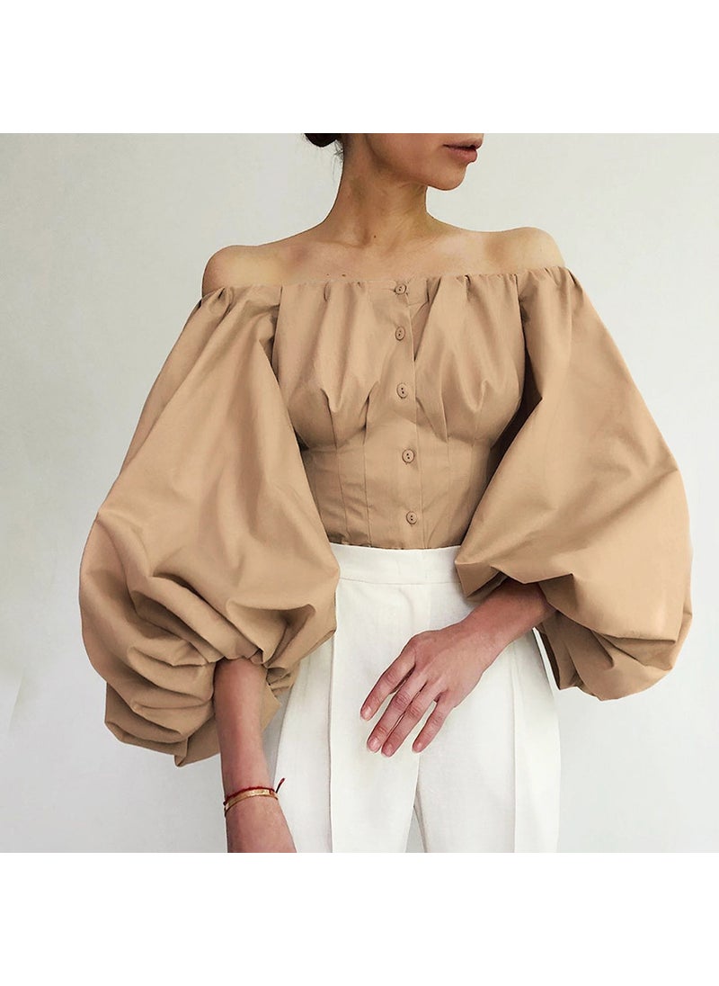 2022 Spring Summer Designer Off-Shoulder Lantern Sleeve Blouse Khaki