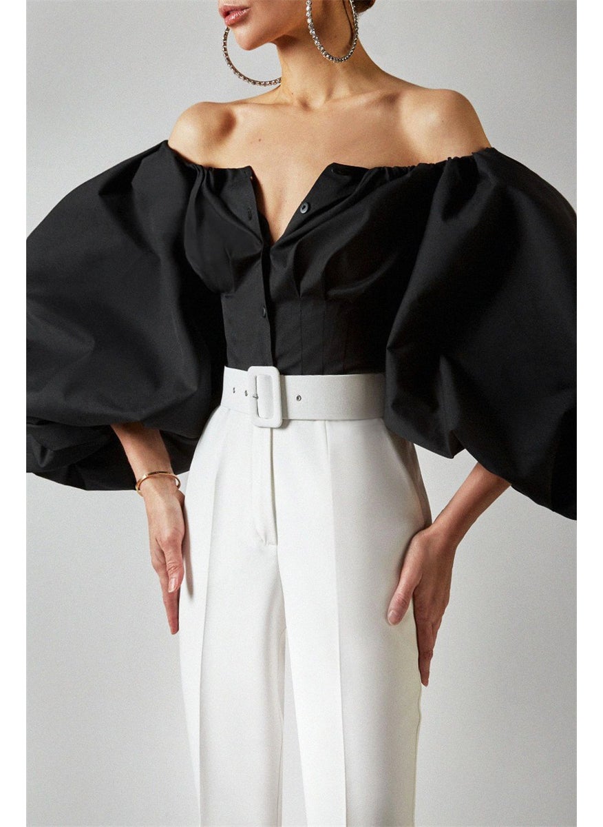 2022 Spring Summer Designer Off-Shoulder Lantern Sleeve Blouse Black