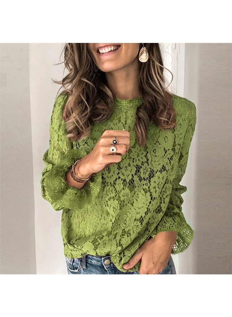 2024 Lace Bell Sleeve Hollow-Out Blouse Green [48 hours delivery]]