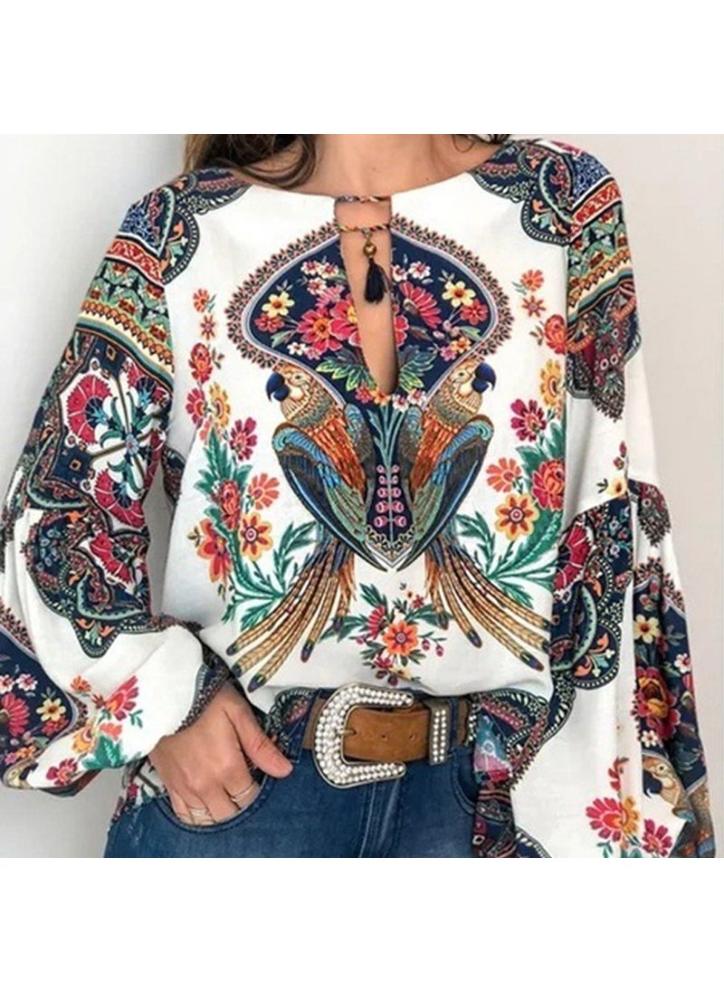 2024 Spring Summer Digital Print Lantern Sleeve Blouse White